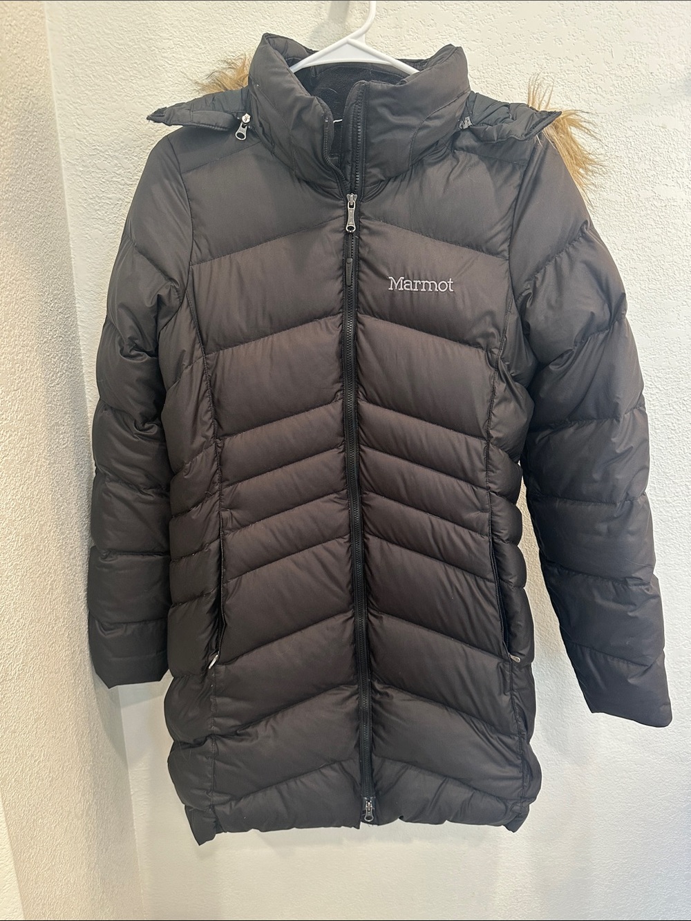 Marmot Women's Black Puffer Coat with Faux Fur Trim